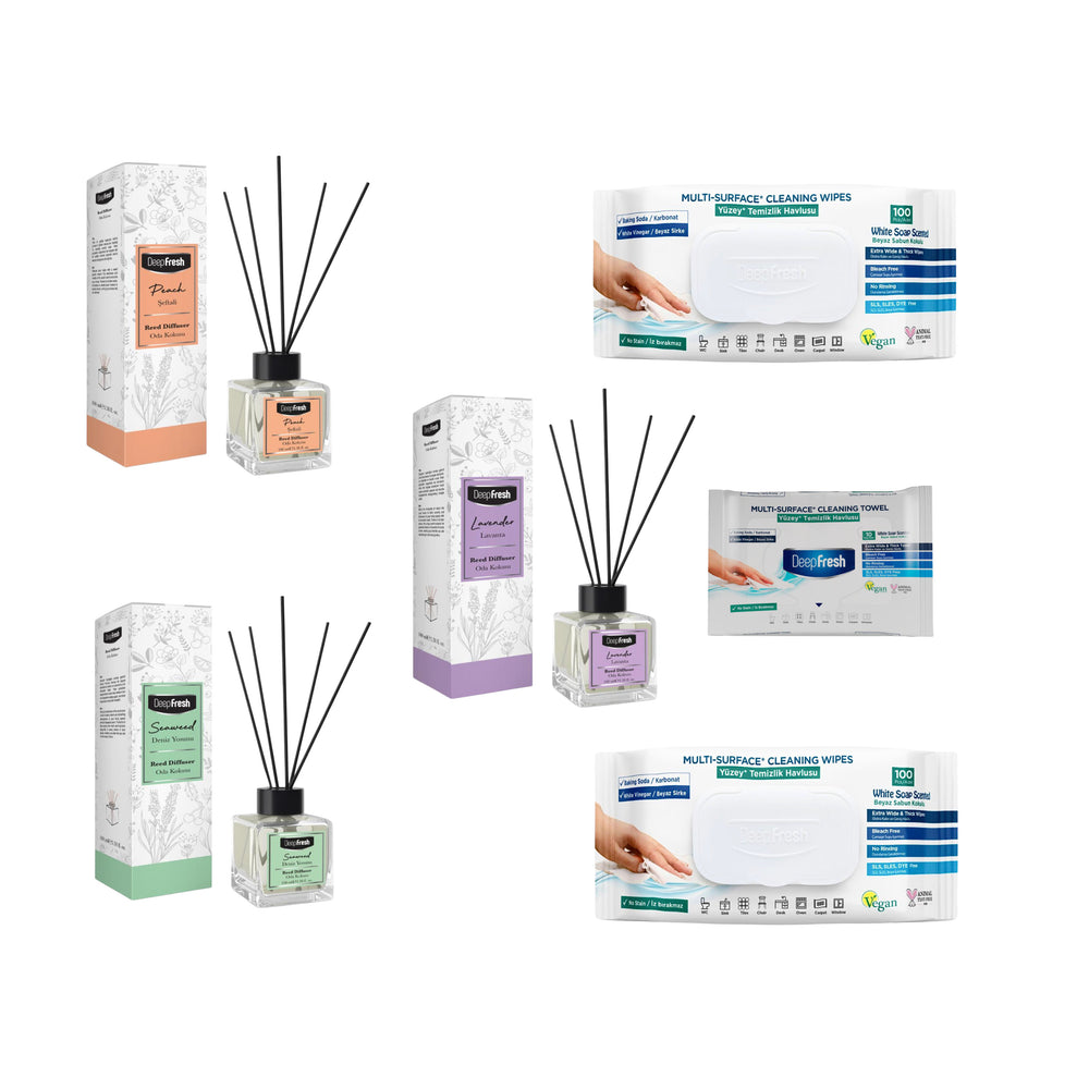 Odorizant de camera cu betisoare DeepFresh 100 ml × 3 bucaţi + Şerveţele umede pentru multi suprafeţe cu bicarbonat şi oțet Deep Fresh 100 de bucăți × 2 pachete + Servetele umede DeepFresh 10 bucăți - Redist