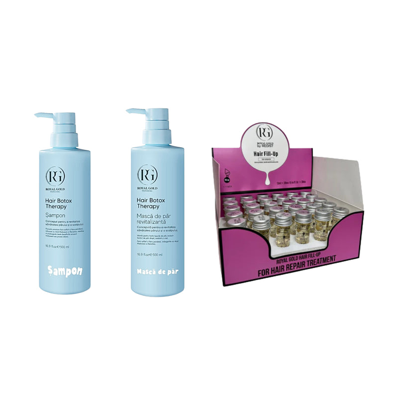 Șampon Hair Boto Therapy by Royal Gold 500 ml + Mască de păr revitalizantă Boto Therapy  by Royal Gold 500 ml + Mască de păr lichidă fiolă tratament Redist 13 ml × 30 bucăți