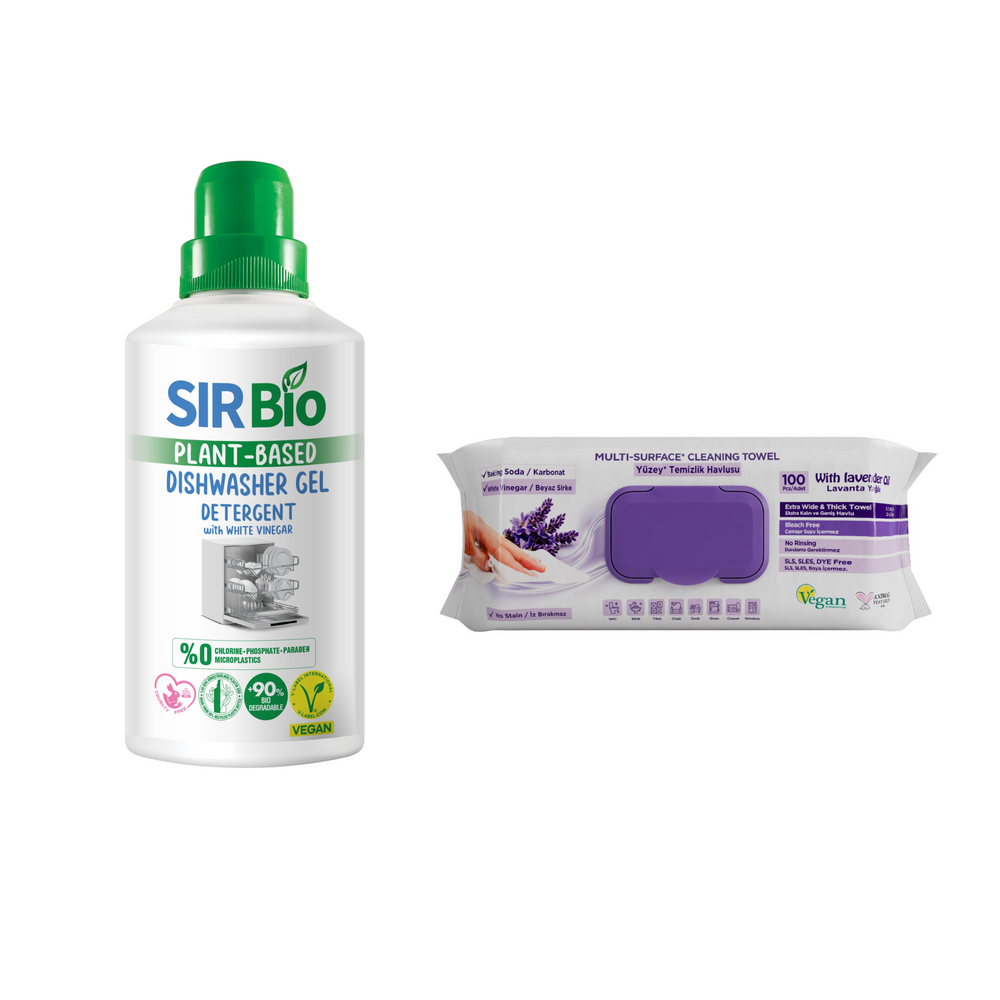 Detergent gel pentru maşina de spălat vase Sir Bio 1000 ml + Şerveţele umede pentru multi suprafeţe cu lavandă , bicarbonat şi oțet Deep Fresh 100 de bucăți - Redist