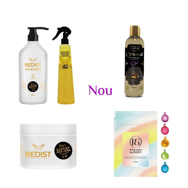 Pachet Gama 12 in 1 + Balsam bifazic 40 Overdose + NOU: Set capsule ser tratament Royal Gold by Redist 5×6 buc+ Gel de dus DeepFresh Oud 400 ml