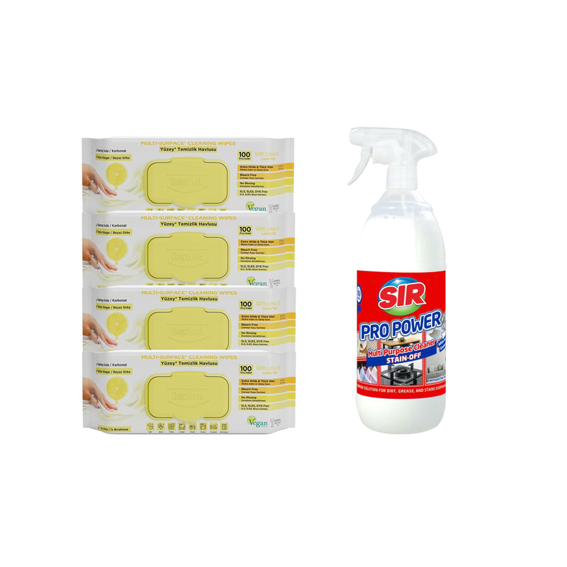 Soluţie pentru ȋndepartarea petelor multi suprafeţe Sir Pro Power 1000 ml + Şerveţele umede pentru multi suprafeţe cu lămâie, bicarbonat şi oțet Deep Fresh 100 de bucăți × 4 pachete