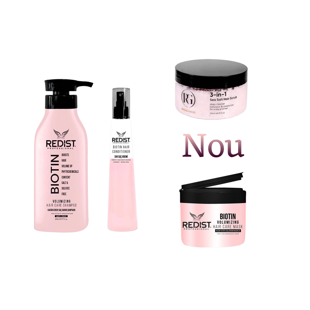 Gama Redist Biotin : Sampon Biotina 500 ml + Masca Biotina 250 ml + Balsamul bifazic pentru par cu Biotina Redist 225 ml + Scrub pentru scalp 3 în 1 Royal Gold 250 ml - Redist