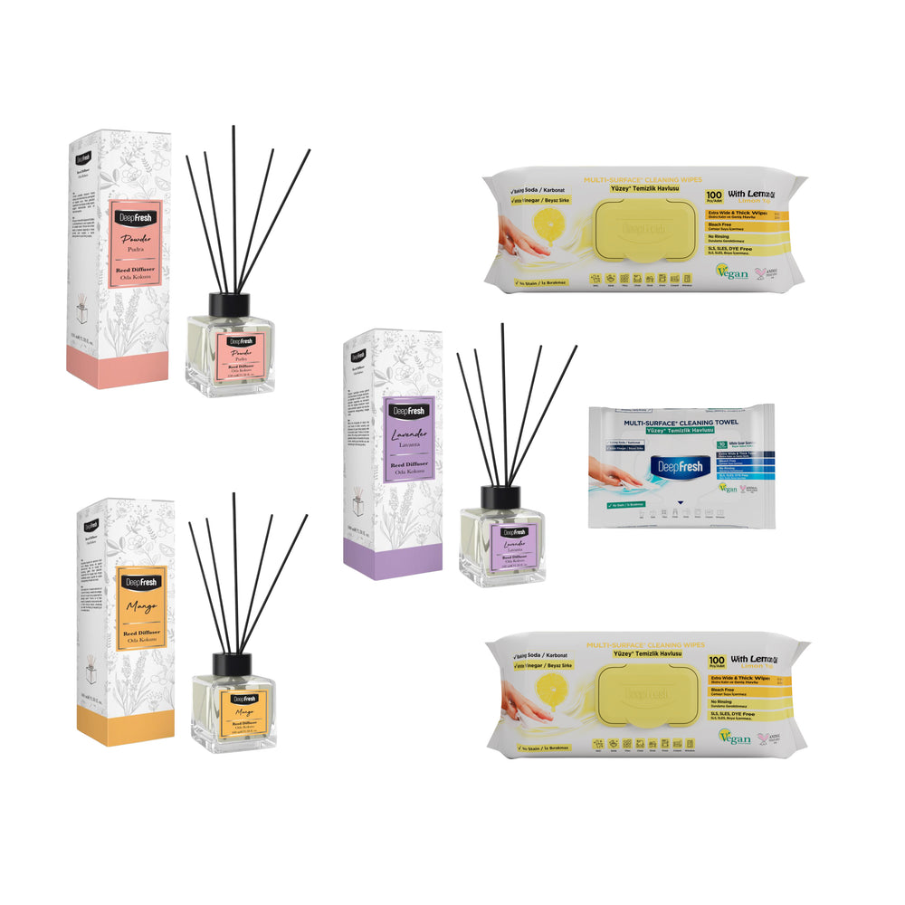 Odorizant de camera cu betisoare DeepFresh 100 ml × 3 bucaţi + Şerveţele umede pentru multi suprafeţe cu lămâie , bicarbonat şi oțet Deep Fresh 100 de bucăți × 2 pachete + Servetele umede DeepFresh 10 bucăți - Redist