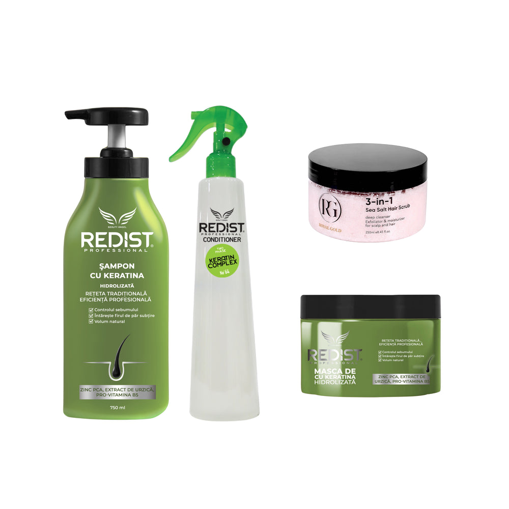 Gama Redist Keratină Hidrolizată + Balsam bifazic keratină + Scrub pentru scalp - Redist