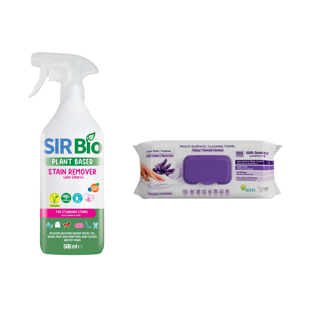 Soluţie pentru ȋndepartarea petelor multi suprafeţe Sir Bio 500 ml + Şerveţele umede pentru multi suprafeţe cu lavandă , bicarbonat şi oțet Deep Fresh 100 de bucăți - Redist