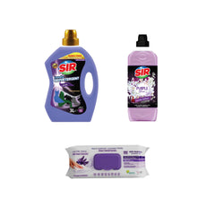Detergent pentru haine negre Sir Black 3 Litri + Balsam pentru rufe Sir Purple Lovers 2 Litri + Şerveţele umede pentru multi suprafeţe cu lavandă , bicarbonat şi oțet Deep Fresh 100 de bucăți - Redist