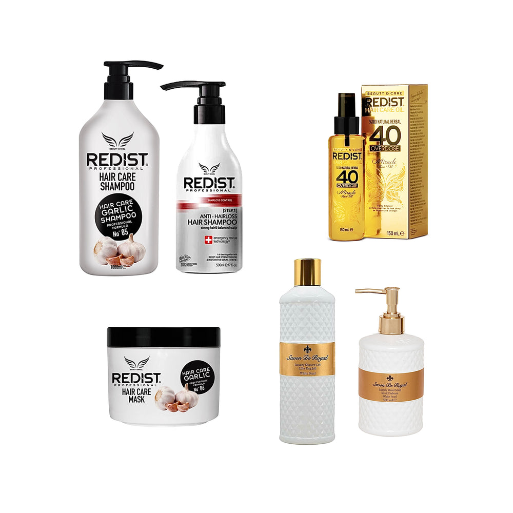Sampon Impotriva Caderii Parului Redist 500 ml + Șampon profesional cu extract de usturoi Redist 1000 ml + Masca cu usturoi Redist + Ulei tratament pentru par Miracle Oils 40 Overdose Redist 150 ml + Gel de duș și sapun lichid Savon de Royal White Pearl - Redist