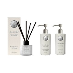 Gama Luxury Savon de Royal New York : Odorizant de cameră cu bețe 120 ml + Sapun lichid pentru mâini 330 ml + Loțiune de mâini și corp 330 ml - Redist