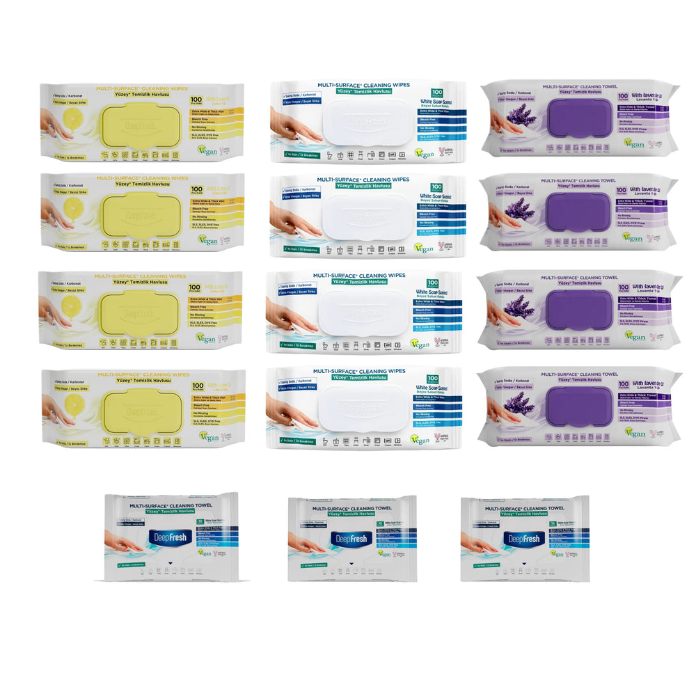 Pachet avantajos : Şerveţele umede pentru multi suprafeţe cu bicarbonat şi oțet Deep Fresh 100 de bucăți × 4 pachete, Servetelele bicarbonat, oțet si lămâie × 4 pachete + Cadou : Servetele bicarconat, oțet si lavandă × 4 pachete + 3 pachete mici - Redist