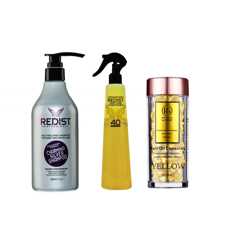Pachet pentru întreținerea culorii părului blond, protecție, hidratare și strălucire: Sampon nuantator Silver Redist 500 ml + Balsam bifazic pentru par Miracle Oils 40 Overdose 400 ml + Capsule ser tratament pentru par Yellow Royal Gold by REDIST 30 buc