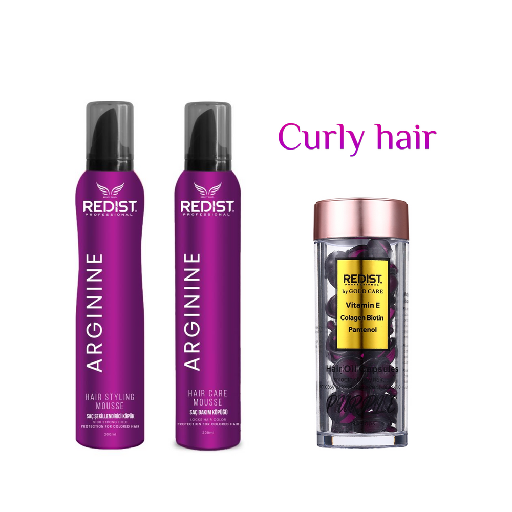 Pachet pentru păr creț vopsit : Hair Care Mousse Arginine 200 ml + Hair Styling Mousse Arginine 200 ml + Capsule pentru par cu Biotina Purple Redist 30 buc - Redist