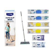 Kit curățenie: Mop cu click Deep Fresh + 2 x rezervă mop lămâie și clasic + 3 x șervețele multisuprafețe Odor Lock: clasic și lavandă
