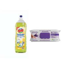 Detergent pentru vase Sir Lemon 1000 ml + Şerveţele umede pentru multi suprafeţe cu lavandă , bicarbonat şi oțet Deep Fresh 100 de bucăți - Redist