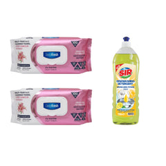 Şerveţele umede pentru multi suprafeţe Crini , bicarbonat şi oțet Deep Fresh Odor Lock Technology 100 de bucăți x 2 pachete + Detergent lichid pentru vase Sir Lemon 750 ml