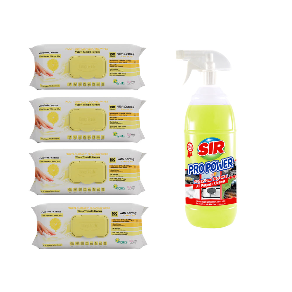 4 Pachete Șervețele Deep Fresh multisuprafețe lemon + Cadou Soluție degresantă Sir Pro Power 1000 ml - Redist
