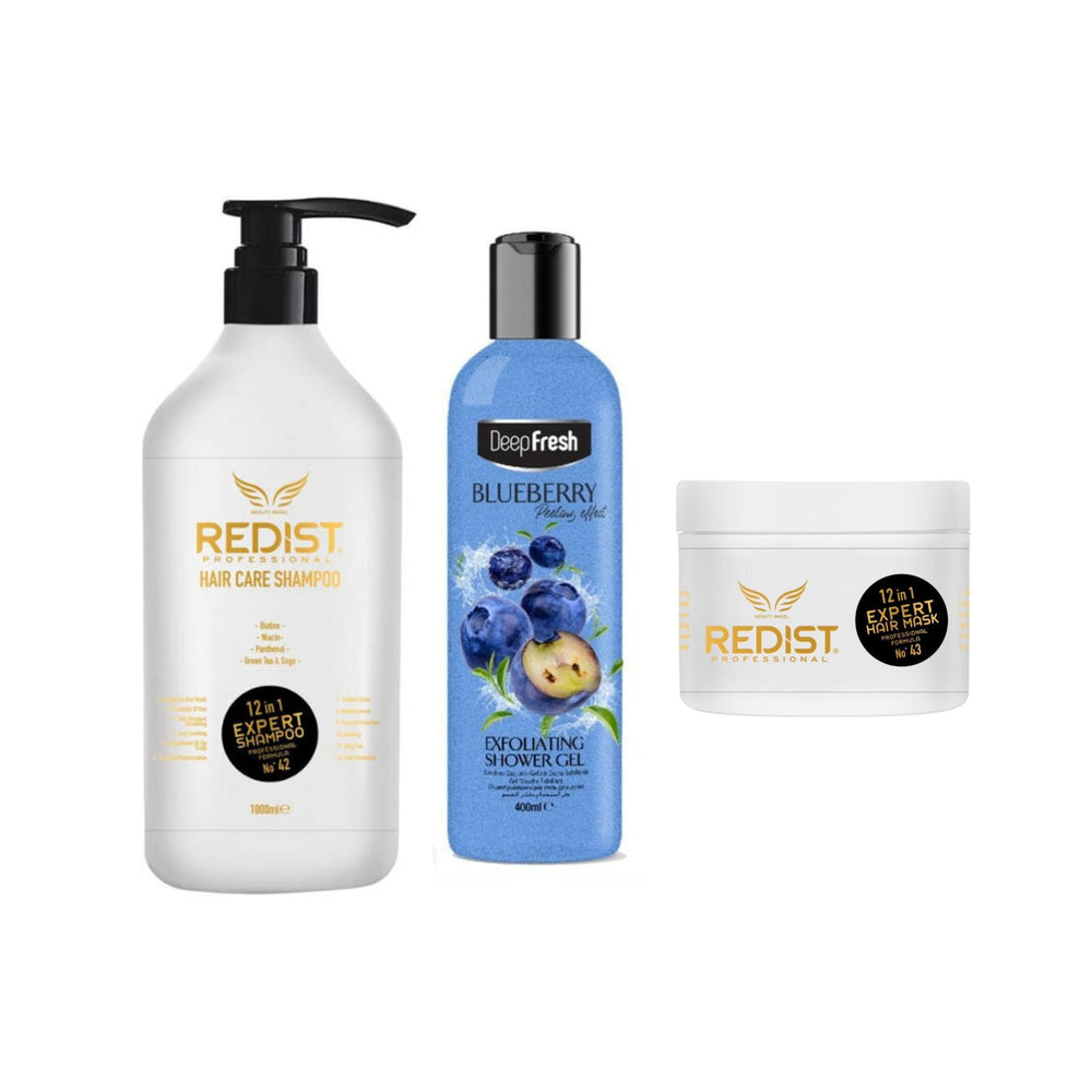 Sampon Redist Professional 12 in 1 Expert 1000 ml + Masca de păr Redist Professional 12 in 1 Expert 475 ml + Gel de duș cu exfoliere delicata Deep Fresh Blueberry Peeling Effect 400 ml - Redist