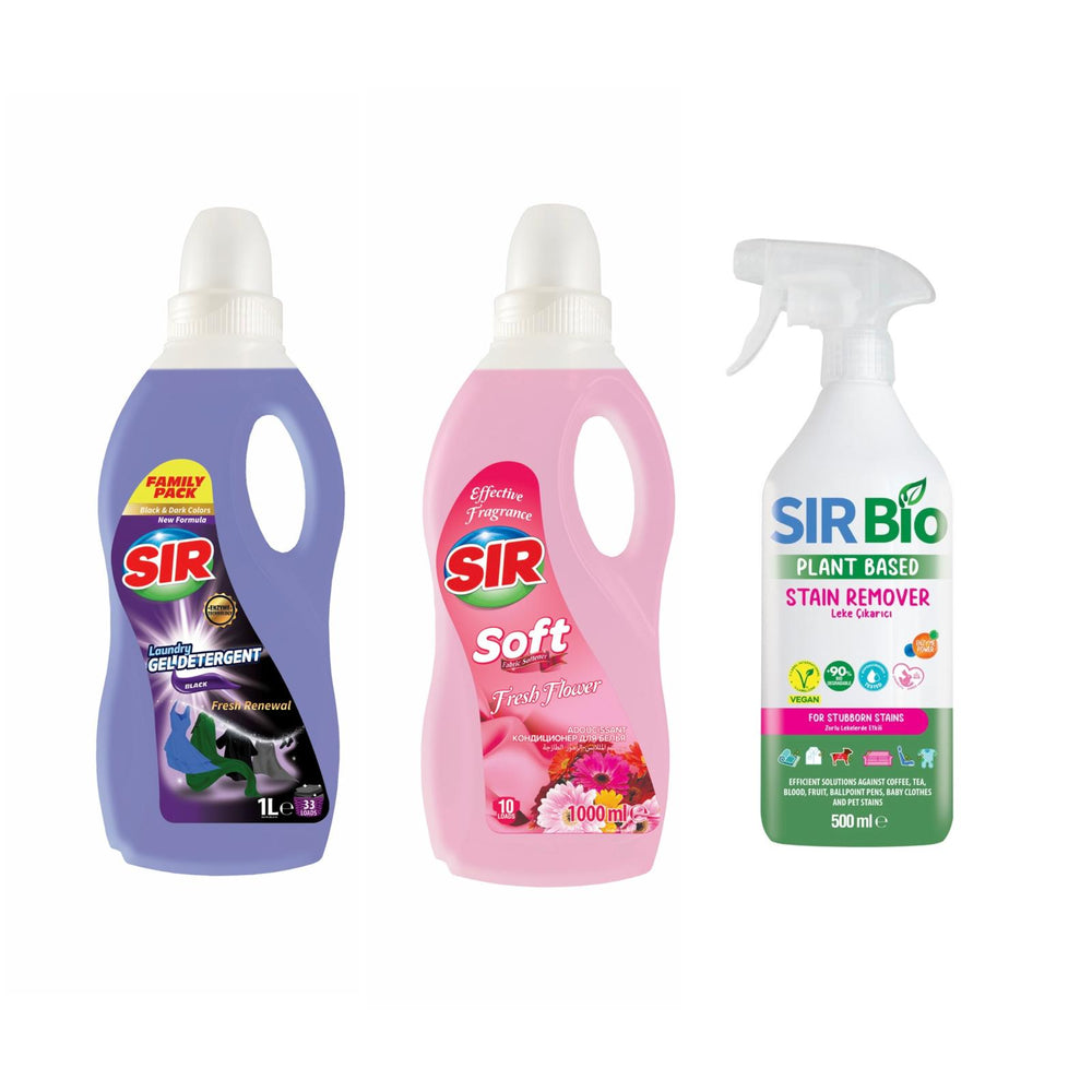 Pachet produse curăţare haine negre: Detergent Sir Black 1000 ml+ Balsam de rufe Sir Soft Fresh Flower 1000 ml + Soluția pentru ȋndepartarea petelor multi suprafeţe Sir Bio 500 ml - Redist