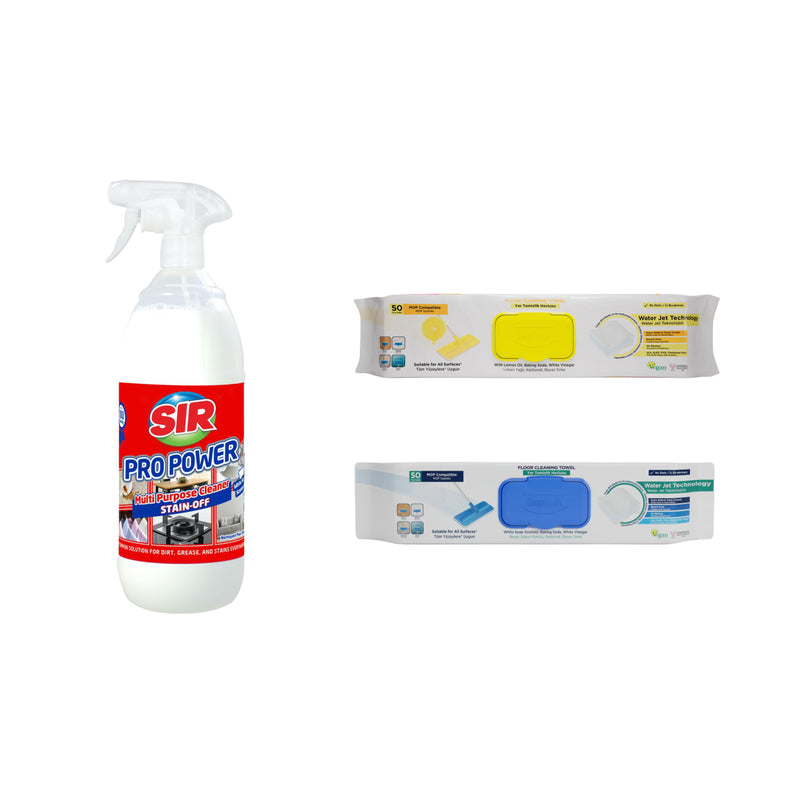 Soluţie pentru ȋndepartarea petelor multi suprafeţe Sir Pro Power 1000 ml + Șervețele mop pentru multi suprafețe cu lămâie , bicarbonat si otet 50 buc x 1 pachet + Șervețele mop pentru multi suprafețe cu bicarbonat si otet 50 buc x 1 pachet