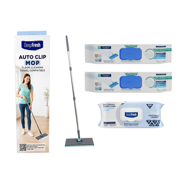 Mop cu click Deep Fresh + 3 rezerve Șervețele mop pentru multi suprafețe cu bicarbonat și oțet 50 buc + 1 pachet Șervețele multisuprafeţe bicarbonat și oțet Clasice Odor Lock