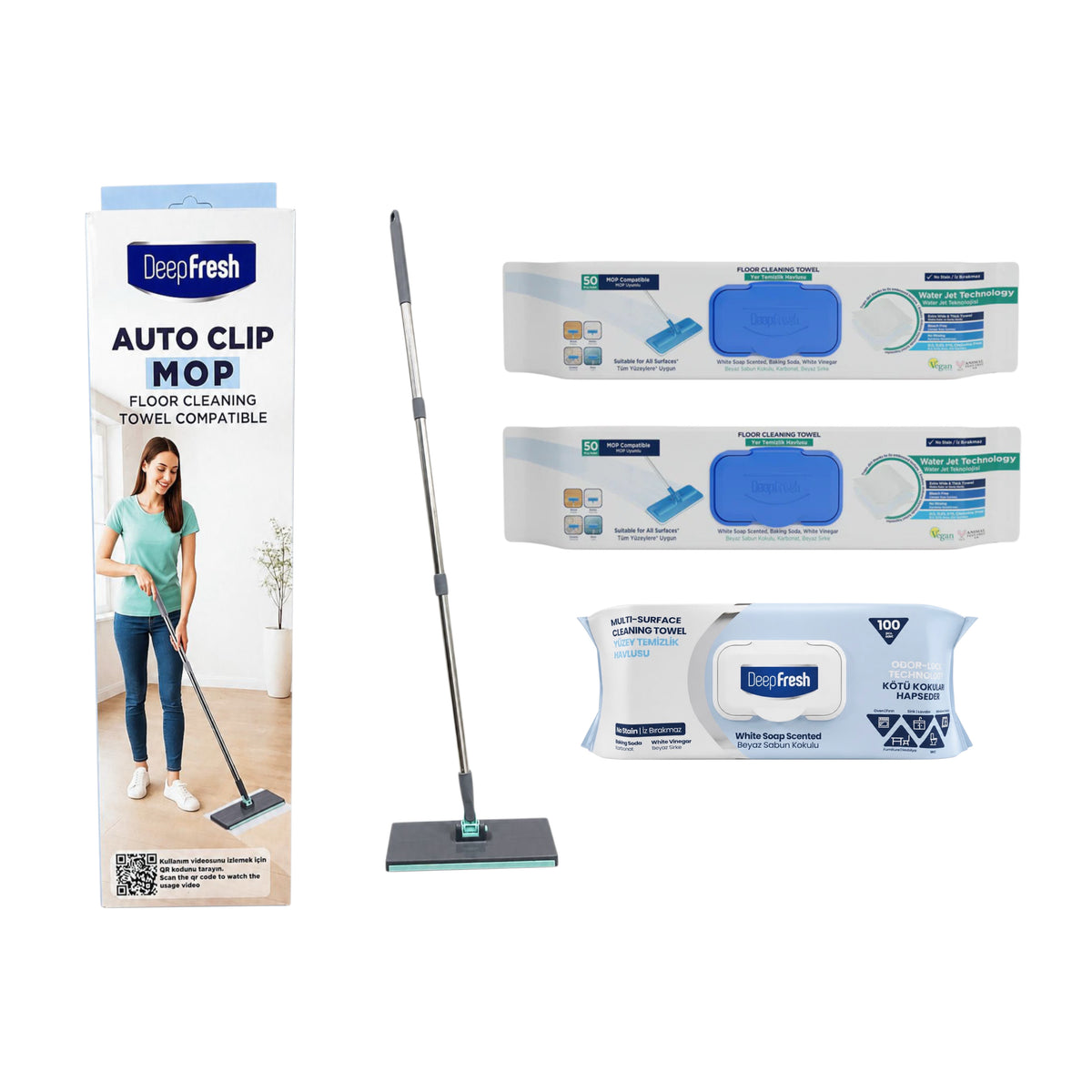 Mop cu click Deep Fresh + 3 rezerve Șervețele mop pentru multi suprafețe cu bicarbonat și oțet 50 buc + 1 pachet Șervețele multisuprafeţe bicarbonat și oțet Clasice Odor Lock
