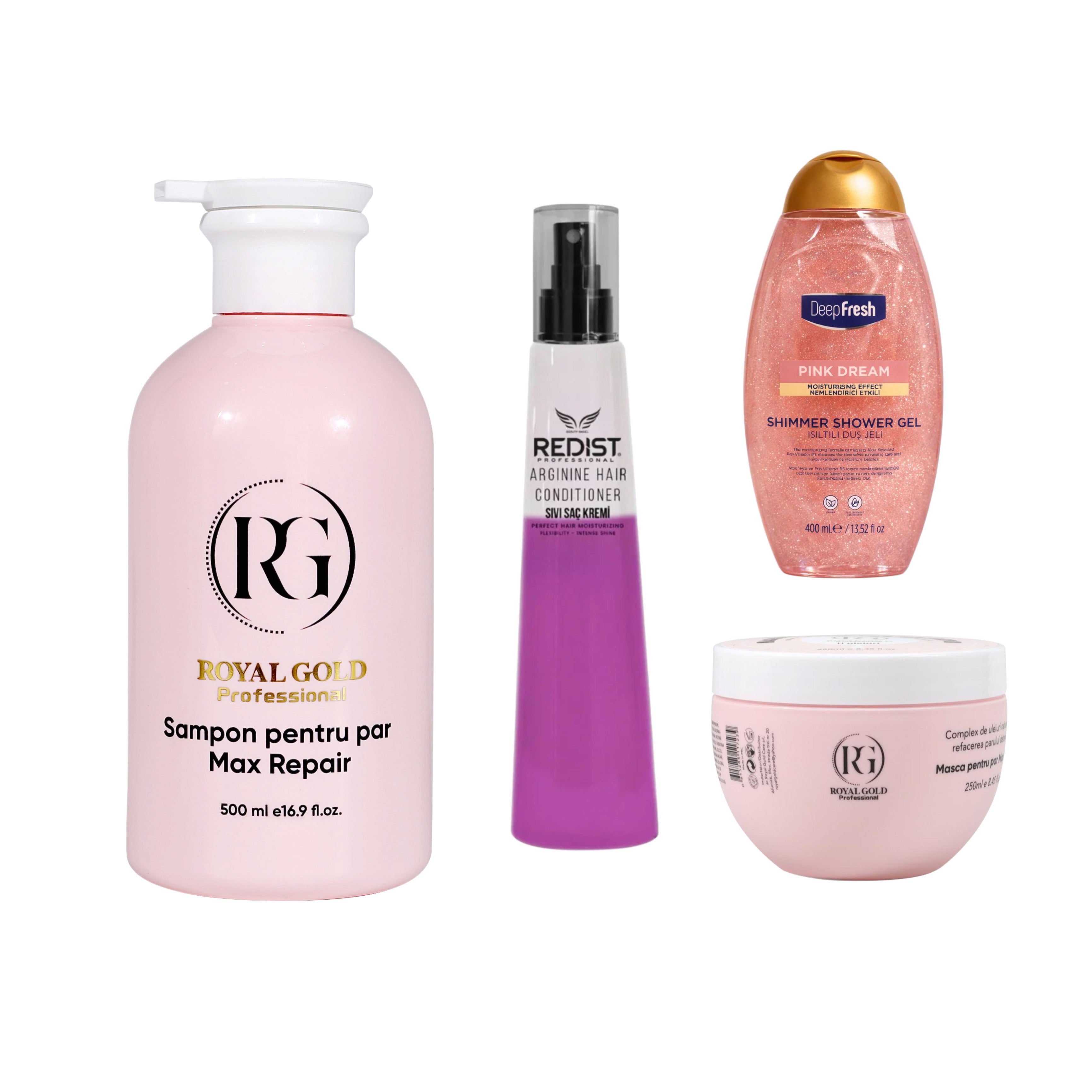 Gama reparatoare Max Repair Pink + Balsam Bifazic cu protecție termică Redist Arginin + Gel de duș cu sclipici Pink Dream