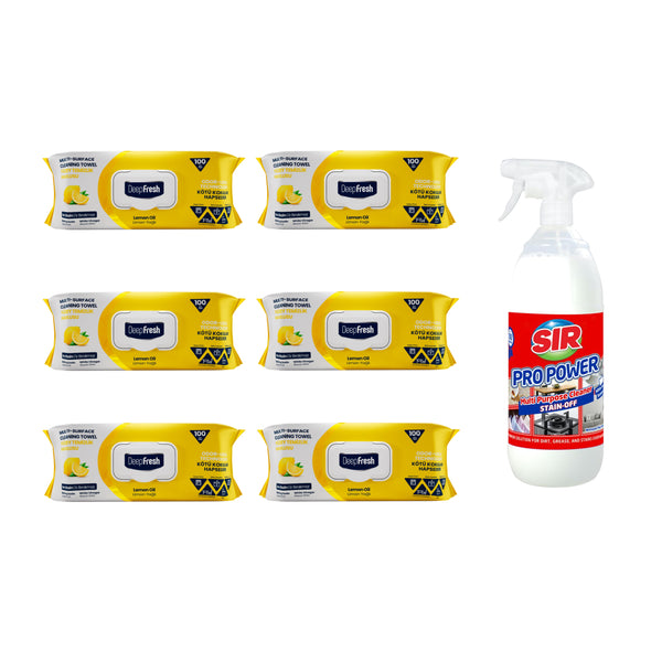 Pachet 6 șervețele Lămâie Odor-Lock technology Deep Fresh + Soluţie pentru ȋndepartarea petelor multi suprafeţe Sir Pro Power