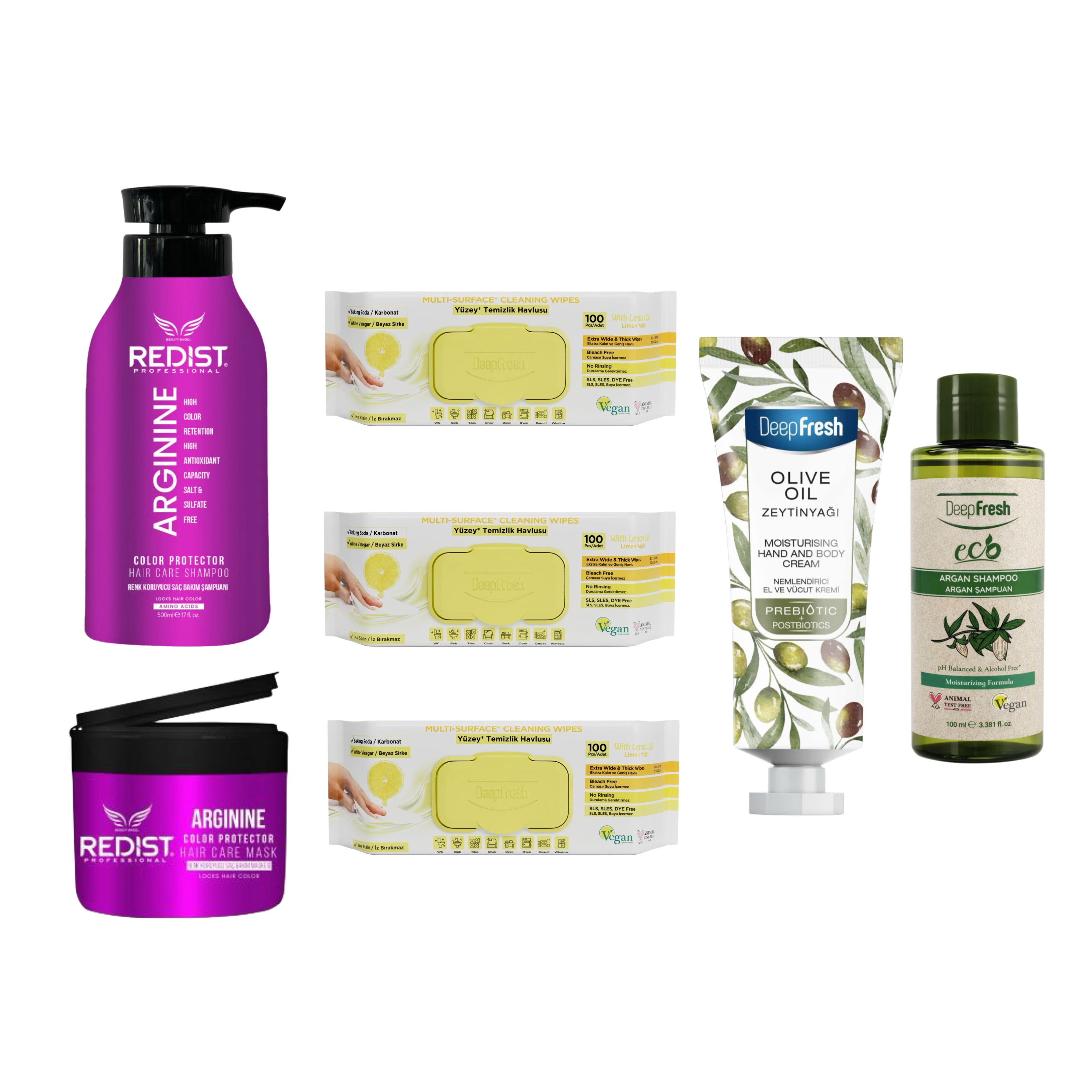 Gama Arginine Redist + Șervețele multisuprafeţe bicarbonat, oțet și lămâie × 3 pachete + Șampon Eco Argan + Cremă mâini și corp cu ulei de măsline