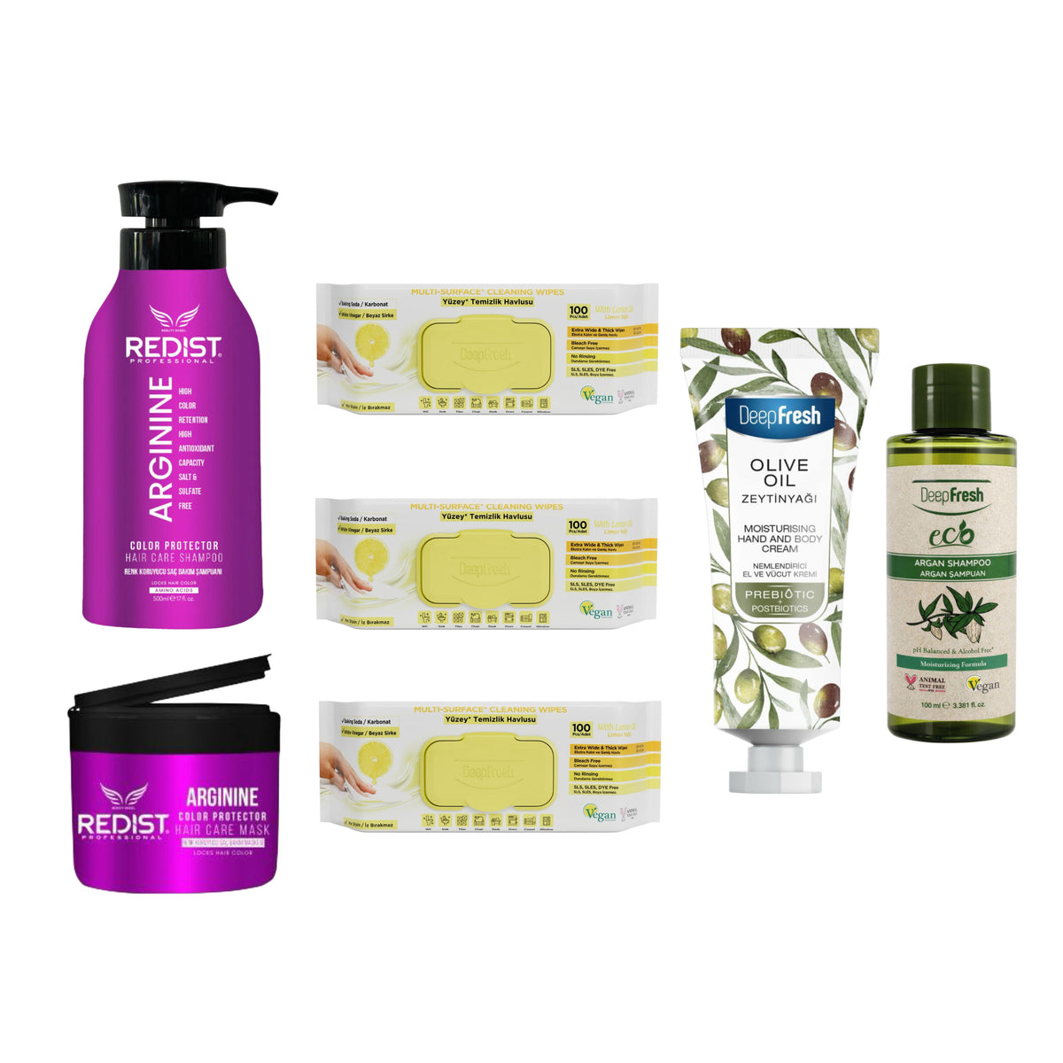 Gama Arginine Redist + Șervețele multisuprafeţe bicarbonat, oțet și lămâie × 3 pachete + Șampon Eco Argan + Cremă mâini și corp cu ulei de măsline