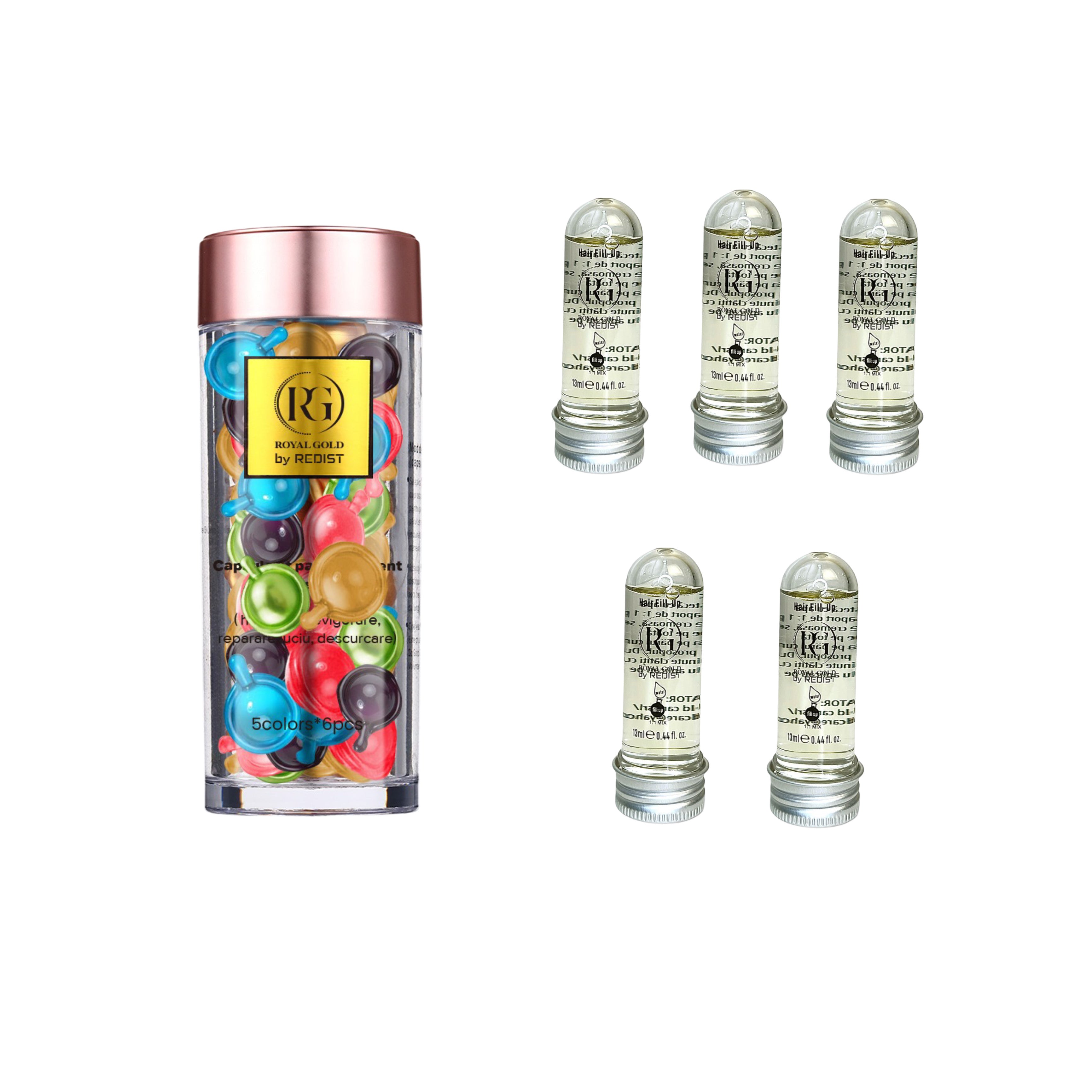 Capsule ser tratament Royal Gold by Redist + Mască de păr lichidă fiolă tratament Redist 13 ml × 5 bucăți - Redist