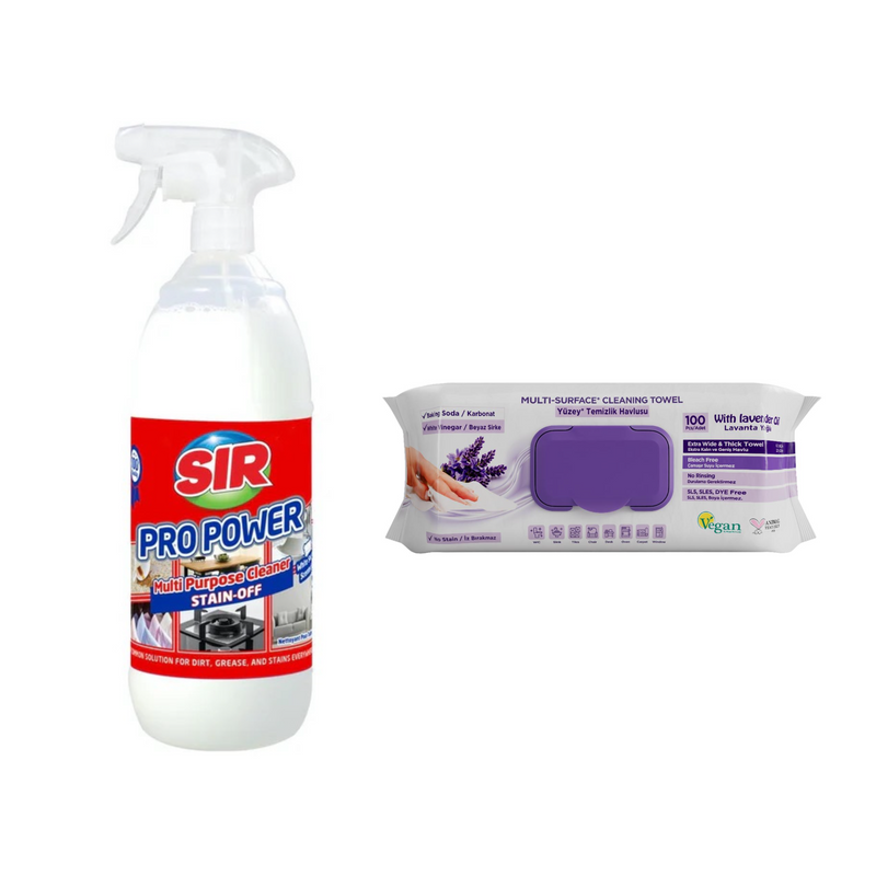 Soluţie pentru ȋndepartarea petelor multi suprafeţe Sir Pro Power 1000 ml + Şerveţele umede pentru multi suprafeţe cu lavandă , bicarbonat şi oțet Deep Fresh 100 de bucăți