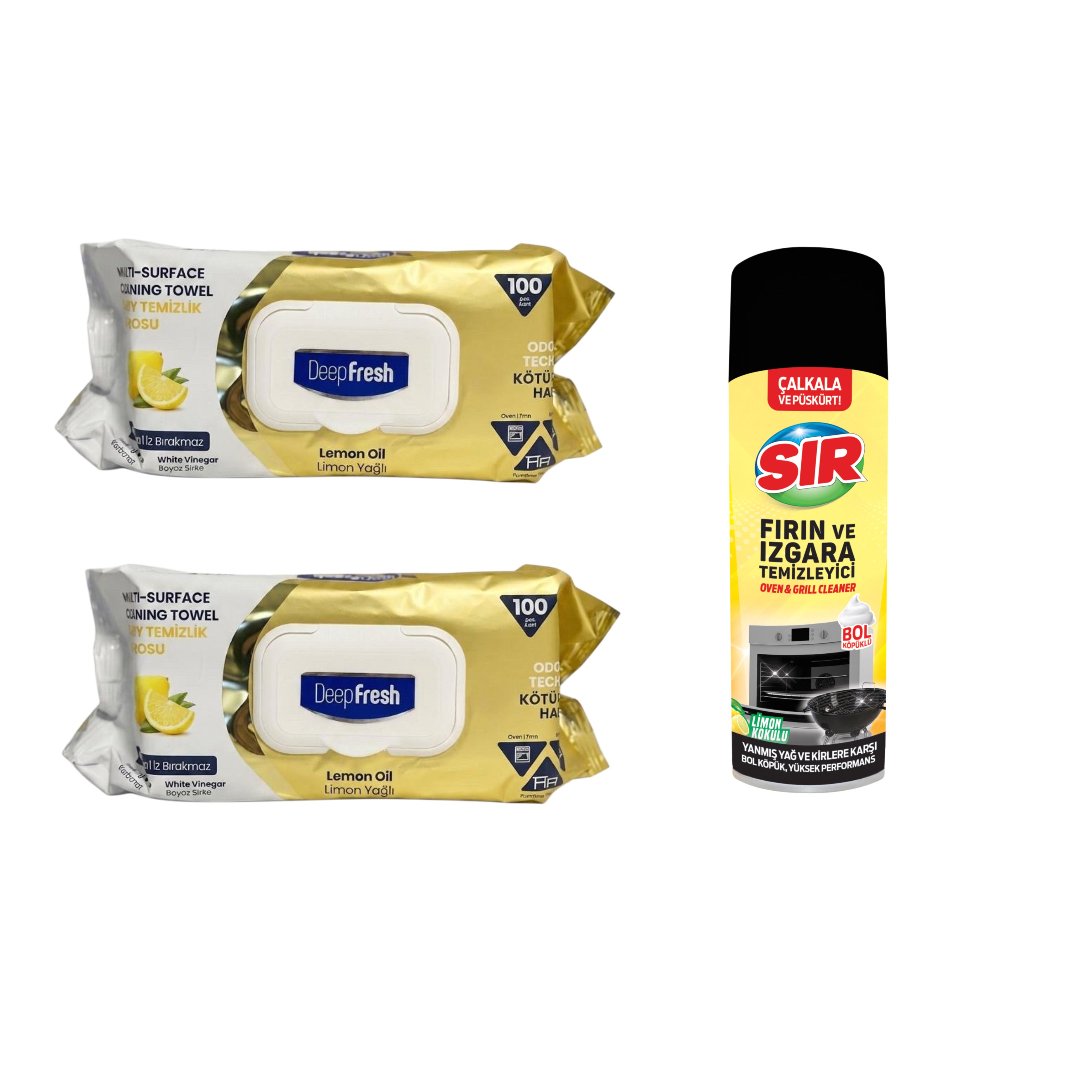 Şerveţele umede pentru multi suprafeţe cu Lămâie, bicarbonat şi oțet Deep Fresh Odor Lock Technology 100 de bucăți x 2 pachete + Spray de Curățare pentru Cuptor și Grătar  SIR
