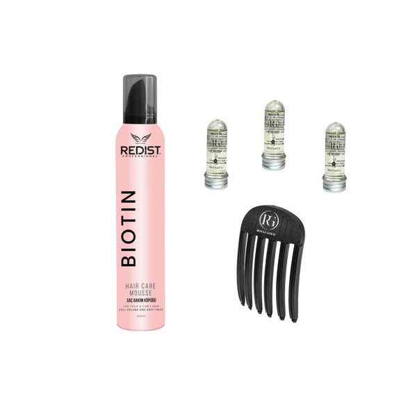 Hair Care Mousse BIOTIN Redist + Mască de păr lichidă fiolă tratament Redist x 3 bucăți+ Accesoriu pentru volumizarea părului