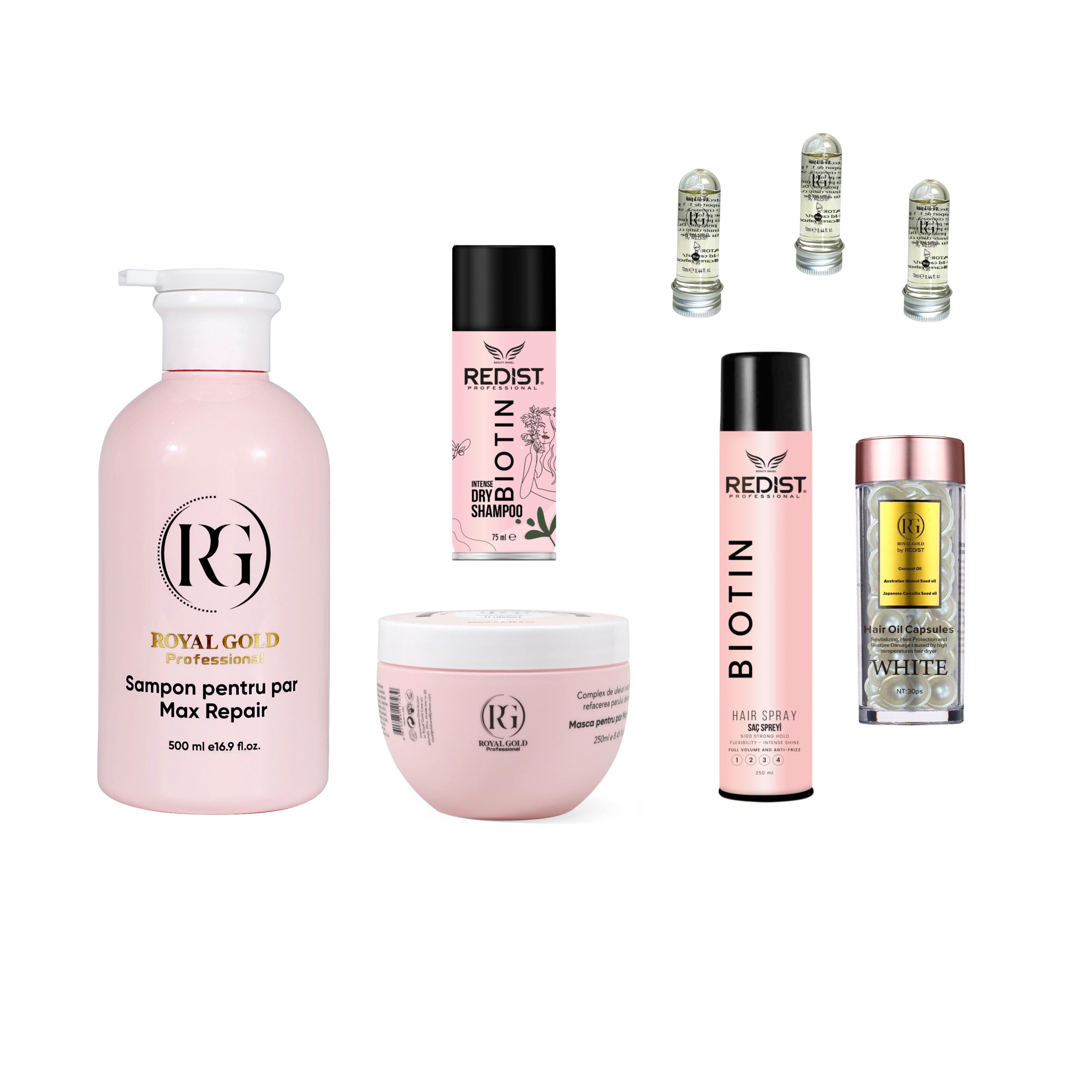 Gama Royal Gold Max Repair Pink + Fixativ Biotin + Capsule White Cocos+ Şampon uscat Biotin + Mască de păr lichidă fiolă tratament × 3 bucăți