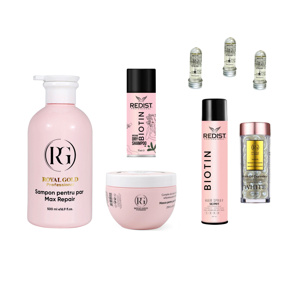 Gama Royal Gold Max Repair Pink + Fixativ Biotin + Capsule White Cocos+ Şampon uscat Biotin + Mască de păr lichidă fiolă tratament × 3 bucăți