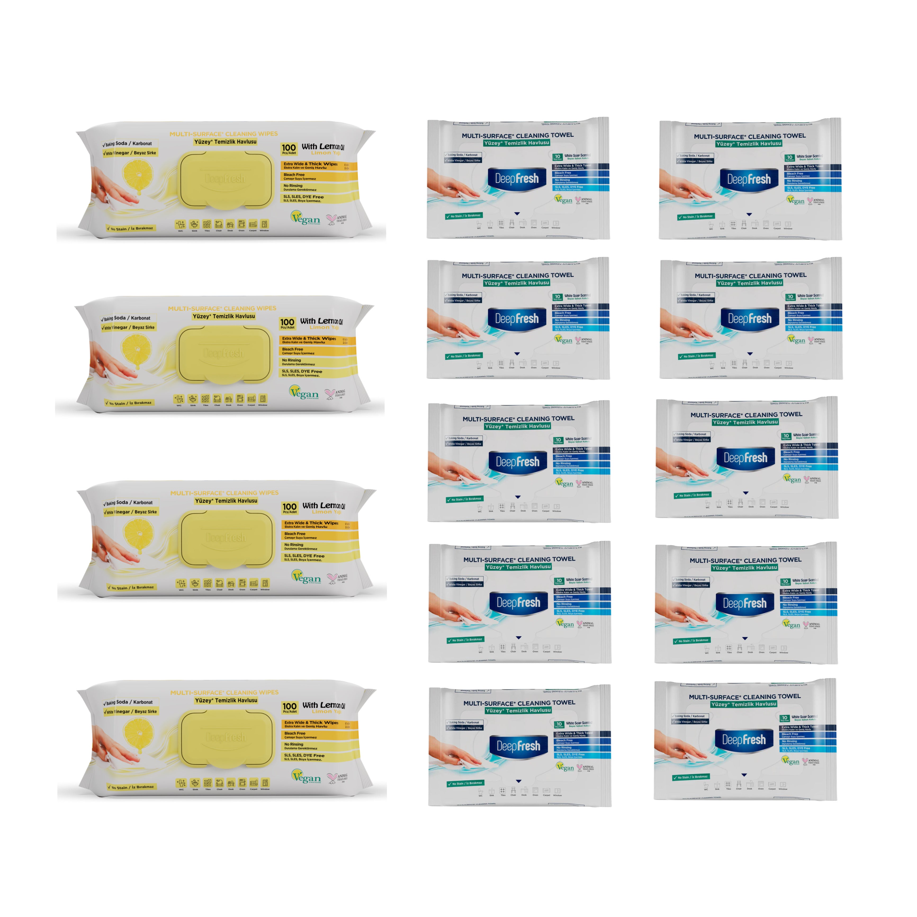 Șervețele mulți suprafețe cu Lămâie bicarbonat și oțet Deep Fresh 100 bucăți × 4 pachete şi 10 pachete mini Șervețele mulți suprafețe cu bicarbonat și oțet 10 bucăți