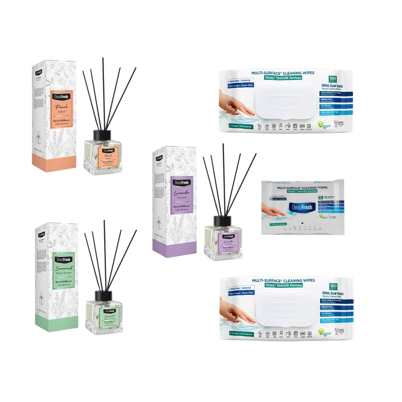 Odorizant de camera cu betisoare DeepFresh 100 ml × 3 bucaţi  + Şerveţele umede pentru multi suprafeţe cu bicarbonat şi oțet Deep Fresh 100 de bucăți × 2 pachete  + Servetele umede DeepFresh 10 bucăți