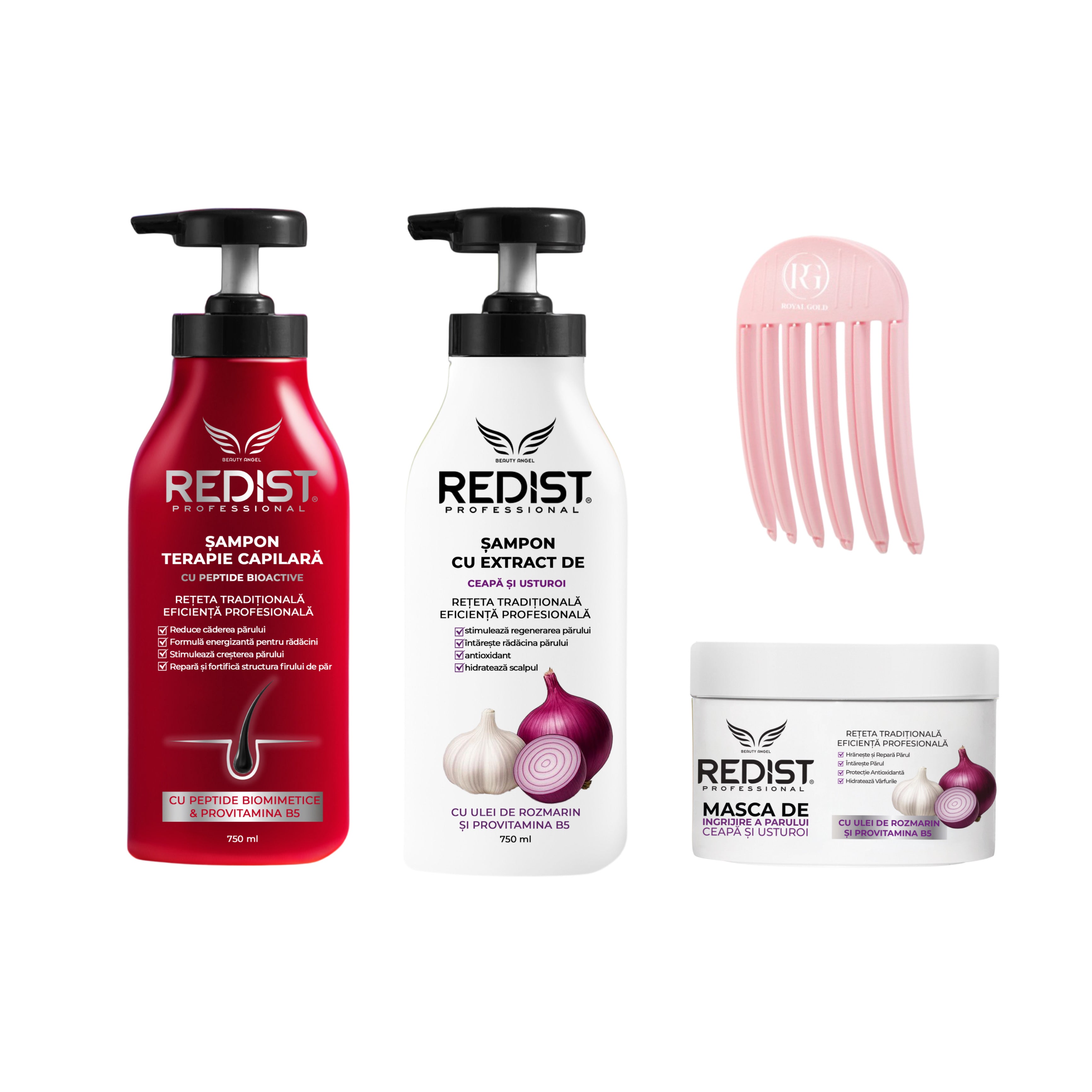 Kit împotriva căderii părului, creștere și regenerare Redist’s: Șampon Terapie capilară + Gama cu extract de ceapă și usturoi + Accesoriu Volum