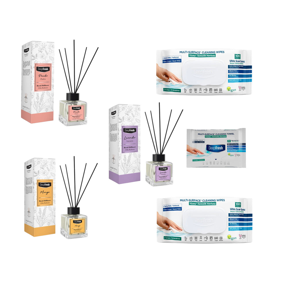 Odorizant de camera cu betisoare DeepFresh 100 ml × 3 bucaţi  + Şerveţele umede pentru multi suprafeţe cu bicarbonat şi oțet Deep Fresh 100 de bucăți × 2 pachete  + Servetele umede DeepFresh 10 bucăți - Redist