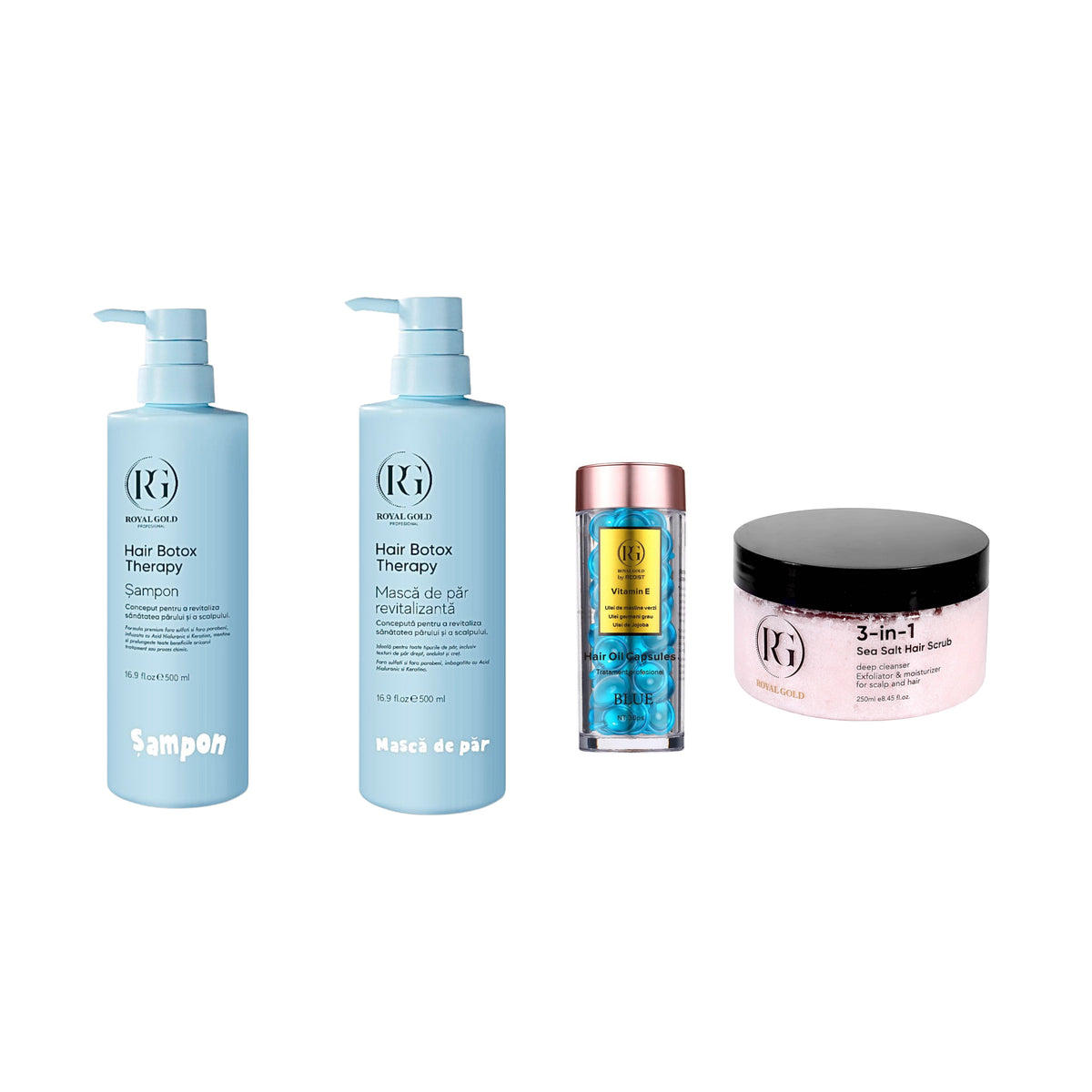 Șampon Hair Boto Therapy by Royal Gold 500 ml + Mască de păr revitalizantă Boto Therapy  by Royal Gold 500 ml + Capsule ser tratament pentru păr Blue Royal Gold by Redist 30 Buc + Scrub pentru scalp 3 în 1 Royal Gold - Redist