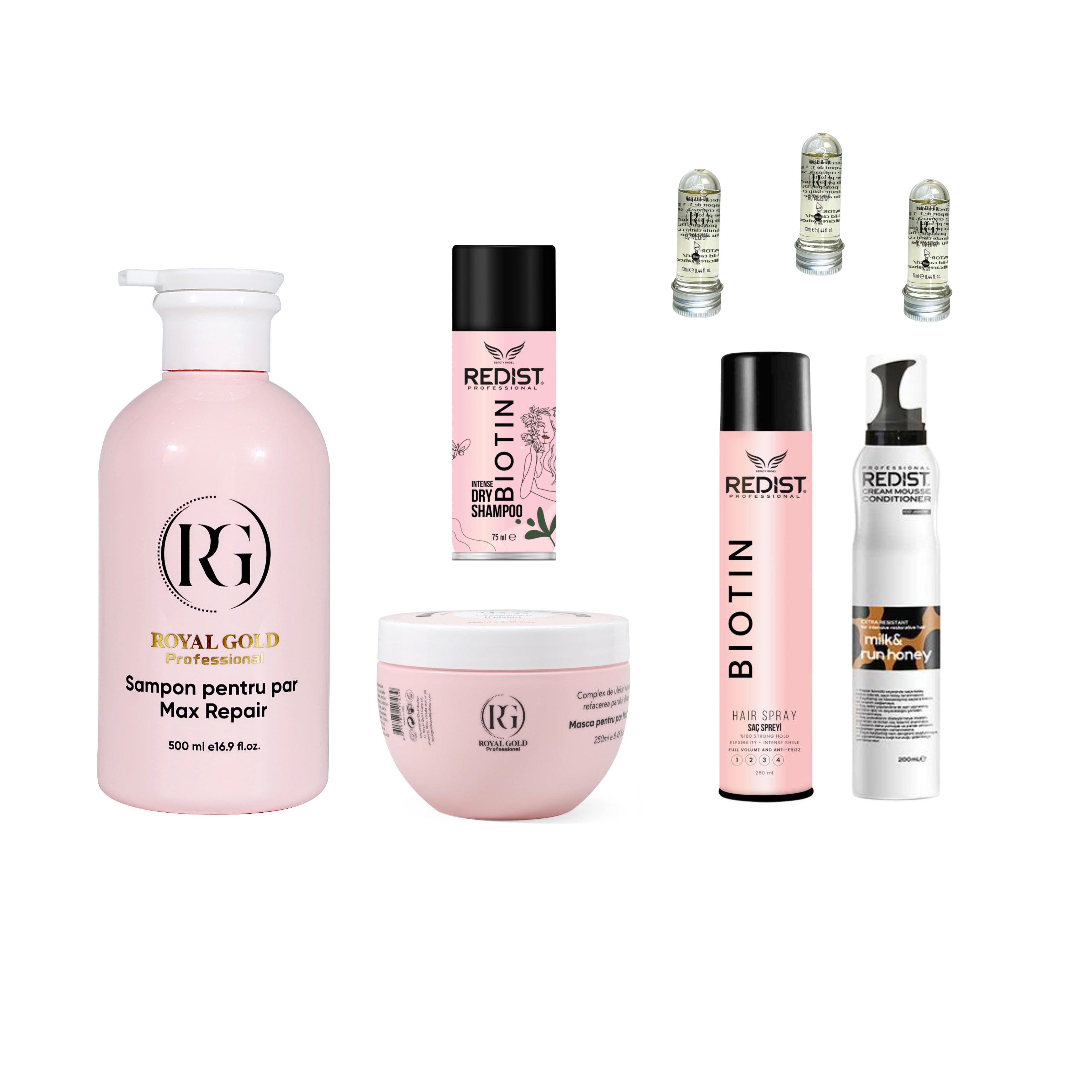 Gama Royal Gold Max Repair Pink + Fixativ Biotin + Spumă tratament Milk&Honey + Şampon uscat Biotin + Mască de păr lichidă fiolă tratament × 3 bucăți