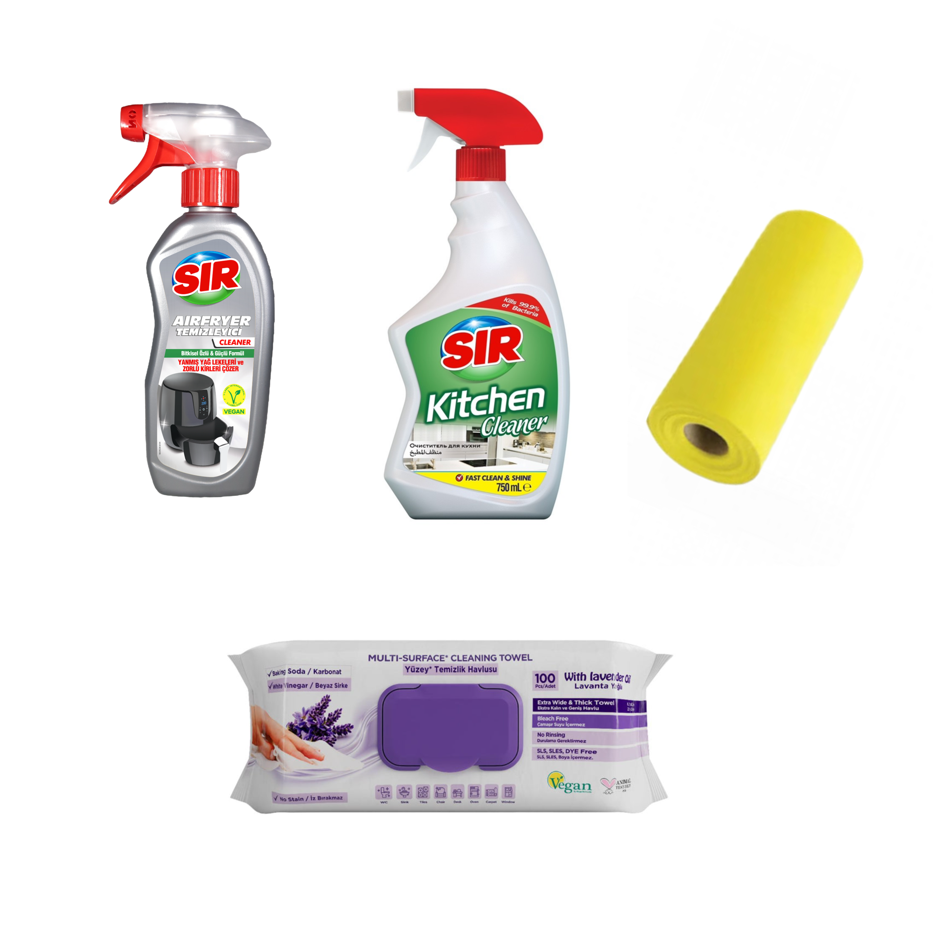 Soluție curățare aparate Air Fryer Sir + Solutie curatare bucatarie Sir + Şerveţele multi suprafeţe cu lavandă , bicarbonat şi oțet Deep Fresh 100 de bucăți + Lavete rola din microfibră - Redist