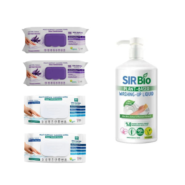 Șervețele mulți suprafețe cu Lavandă bicarbonat și oțet DeepFresh × 2 pachete + Șervețele mulți suprafețe cu bicarbonat și oțet DeepFresh × 2 pachete + Detergent pentru vase Sir Bio