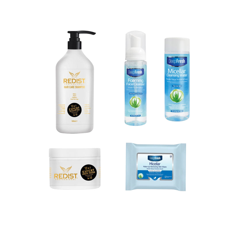Gama profesionala pentru păr Redist 12 in 1 Expert : Sampon Redist Professional 12 in 1 Expert 1000 ml și Masca de păr Redist Professional 12 in 1 Expert 500 ml + Pachet pentru curatarea si ingrijirea tenului Deep Fresh - Gama Micellar