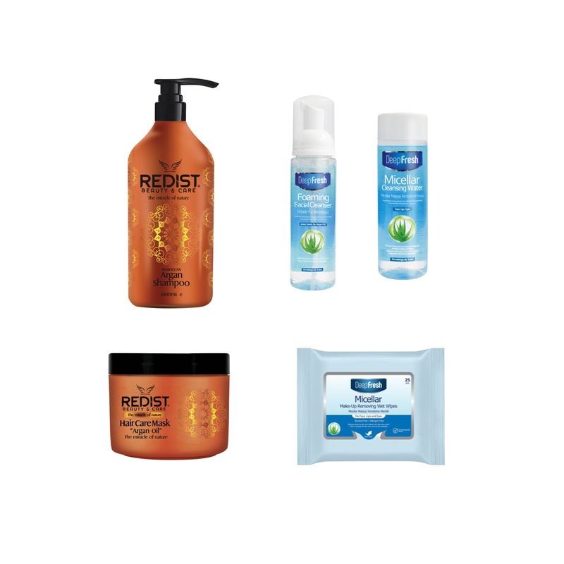 Sampon cu ulei de Argan Redist 1000 ml + Masca pentru par cu Argan Redist 500 ml + Pachet pentru curatarea si ingrijirea tenului Deep Fresh - Gama Micellar