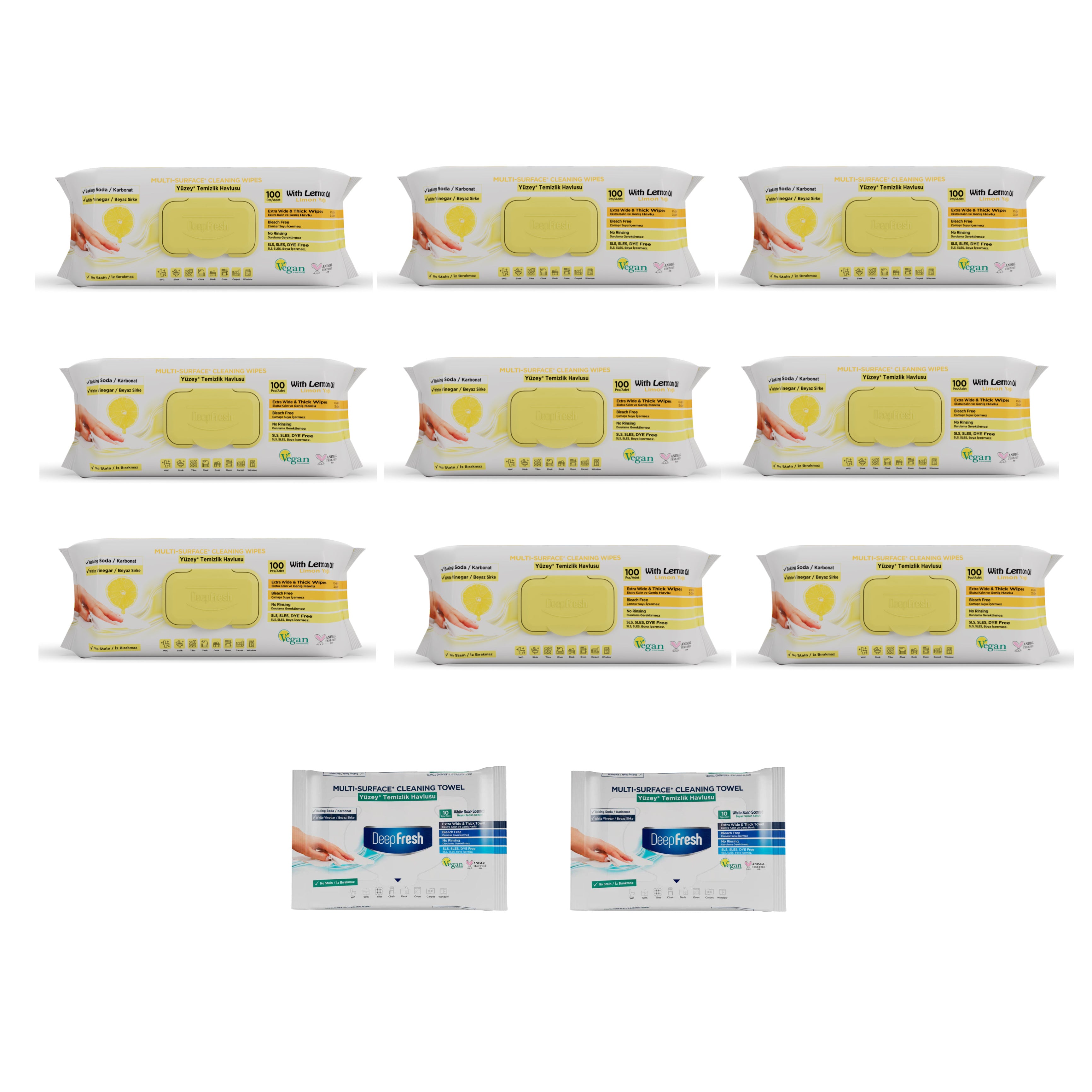 Şerveţele umede pentru multi suprafeţe cu lămâie, bicarbonat şi oțet Deep Fresh 100 de bucăți  × 9 pachete + Şerveţele umede pentru multi suprafeţe cu bicarbonat şi oțet Deep Fresh 10 bucăți × 2 pachete - Redist