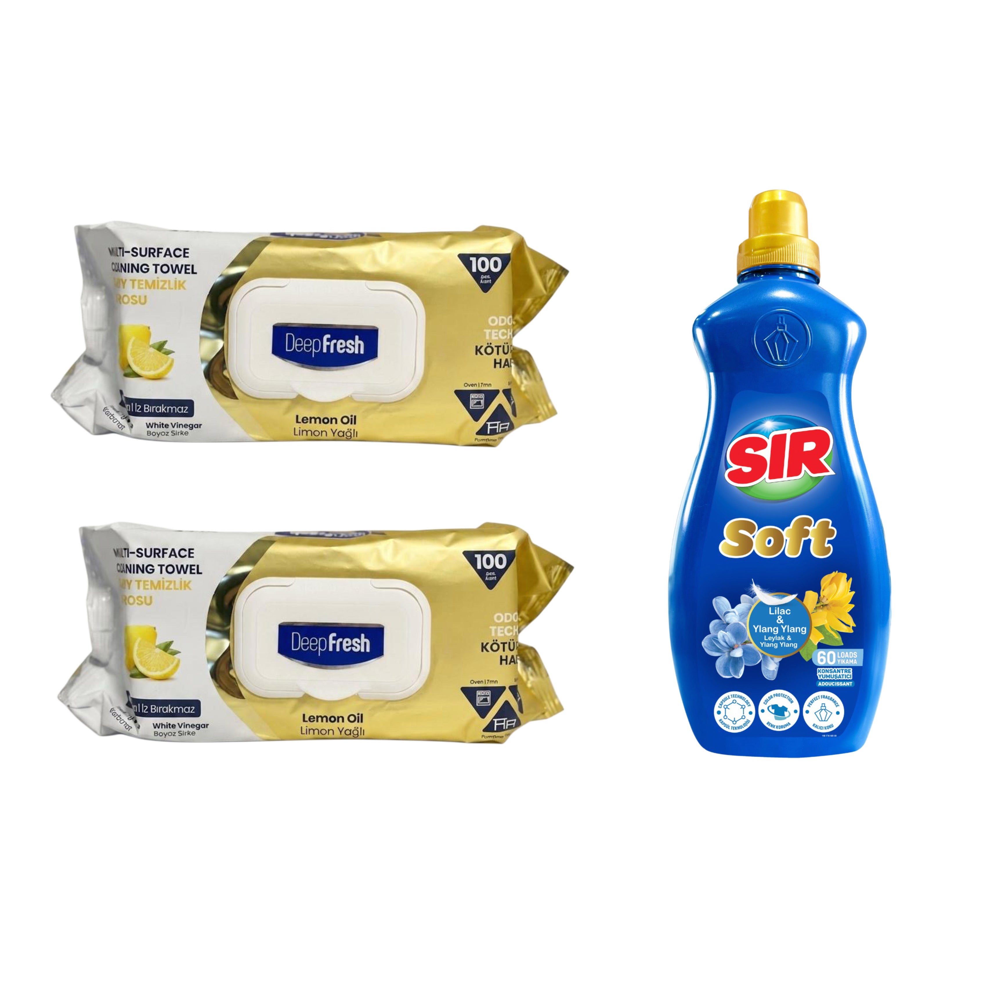 Şerveţele umede pentru multi suprafeţe cu Lămâie, bicarbonat şi oțet Deep Fresh Odor Lock Technology 100 de bucăți x 2 pachete + Balsam pentru rufe Sir Soft Liliac și Ylang Ylang