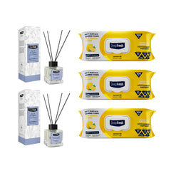 Şerveţele multi suprafeţe cu Lămâie, bicarbonat şi oțet Deep Fresh Odor Lock Technology 100 de bucăți x 3 pachete + Odorizant de cameră cu bețişoare Deep Fresh 100ml SPA&EUCALYPTUS × 2 bucăți