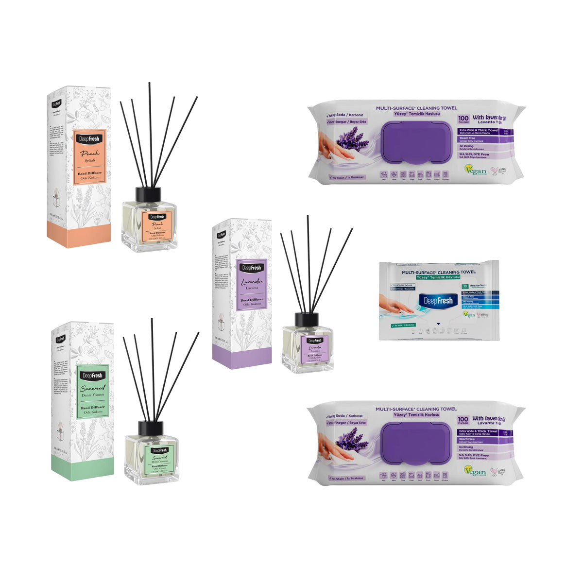 Odorizant de camera cu betisoare DeepFresh 100 ml × 3 bucaţi  + Şerveţele umede pentru multi suprafeţe cu lavandă , bicarbonat şi oțet Deep Fresh 100 de bucăți × 2 pachete  + Servetele umede DeepFresh 10 bucăți - Redist