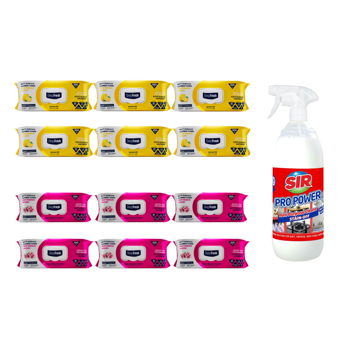Pachet 12 șervețele Odor-Lock technology Deep Fresh Lămâie și Crini + Soluţie pentru ȋndepartarea petelor multi suprafeţe Sir Pro Power