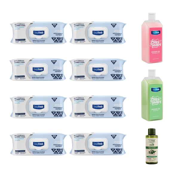 Şerveţele multi suprafeţe cu bicarbonat şi oțet Clasice Odor Lock Deep Fresh 100 de bucăți × 8 pachete + Șampon Eco Argan + Gel de duș Strawberry si Matcha